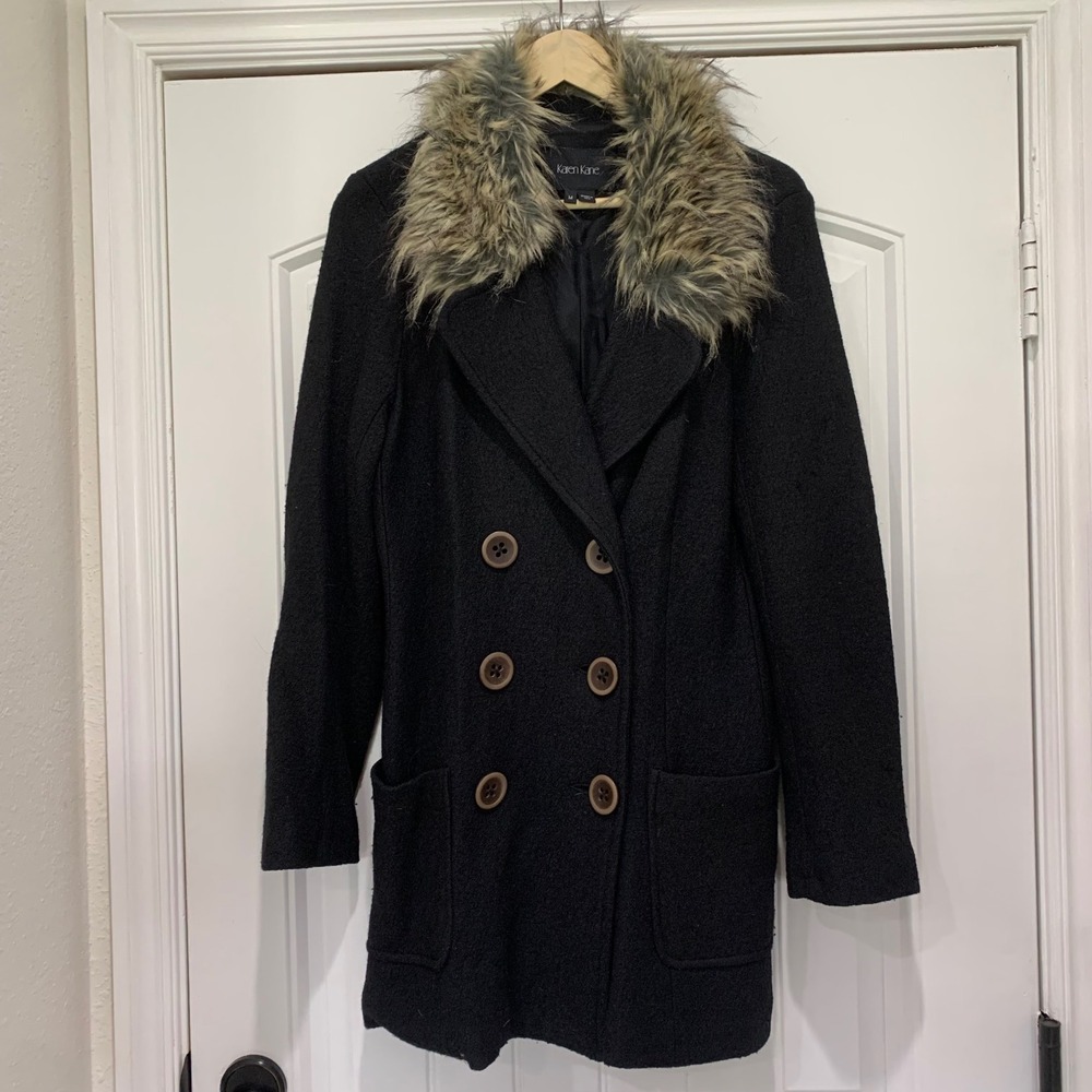 Karen Kane Black Wool Blend Faux Fur Collar Double Breasted Peacoat M